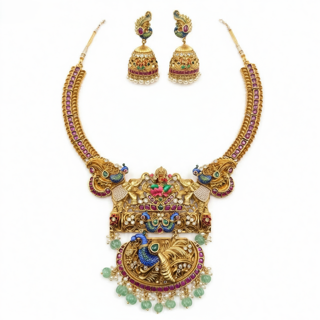 Royal Peacock Temple Necklace & Jhumka  Set