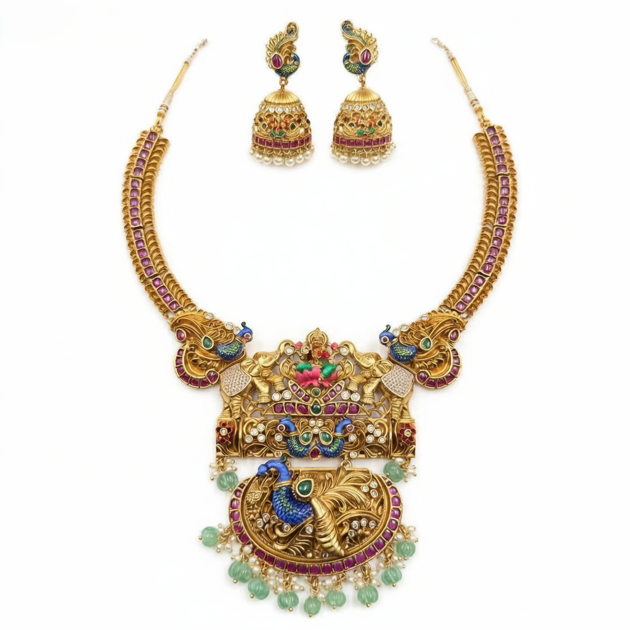 Royal Peacock Temple Necklace & Jhumka  Set
