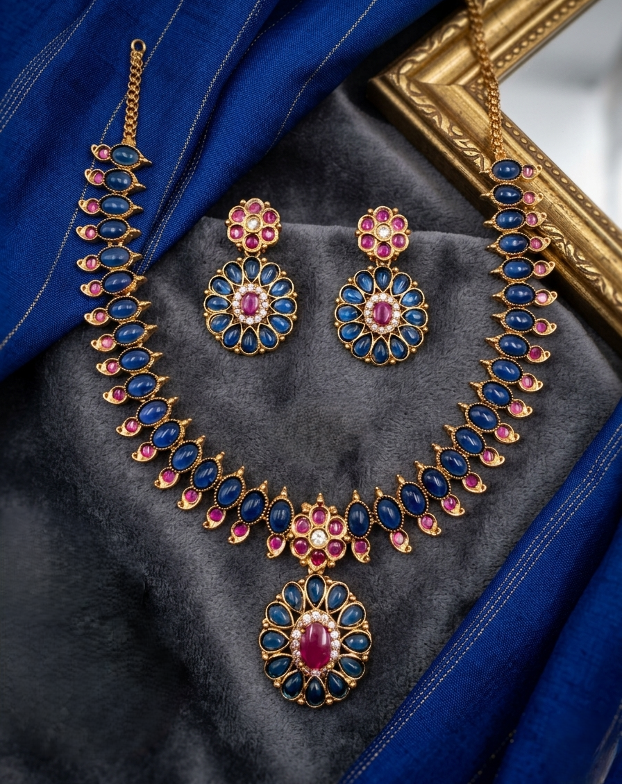 Oval cabochon floral necklace & earring set