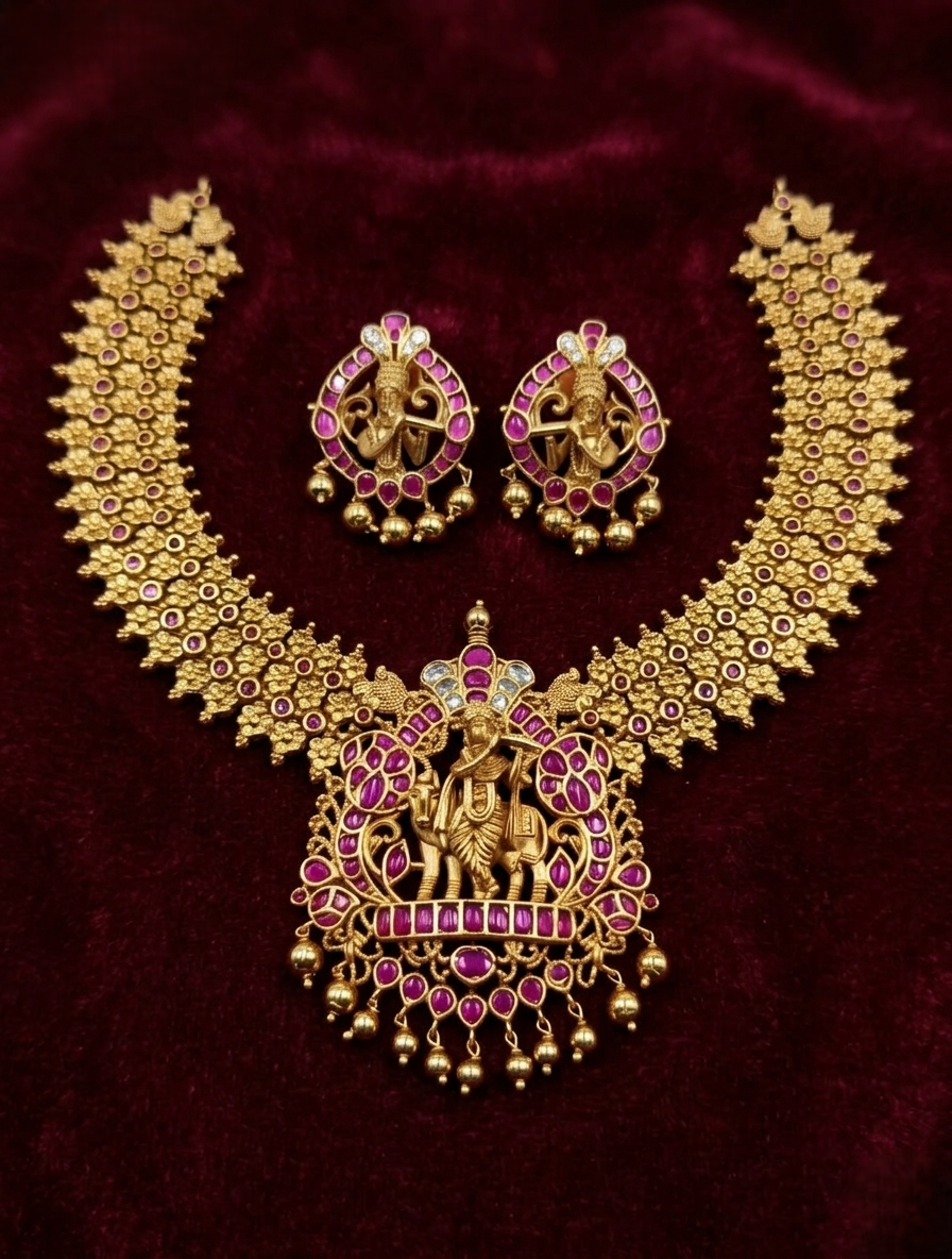 Kundan Krishna Nakshi Temple Necklace Set