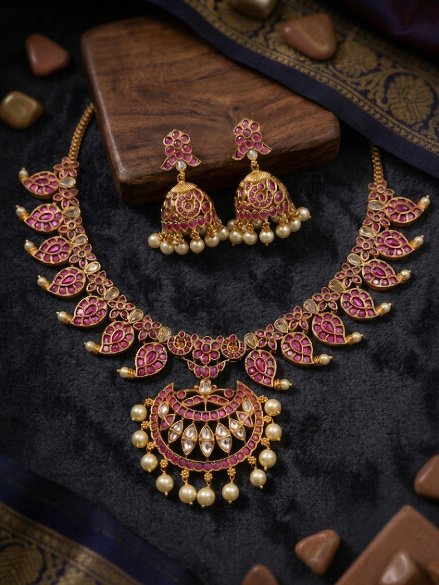 Ruby & emerald chandbali necklace set