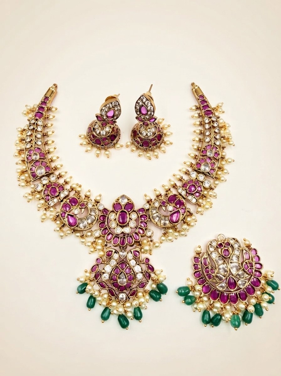 Ruby & Emerald Bridal Necklace Set with Pendant