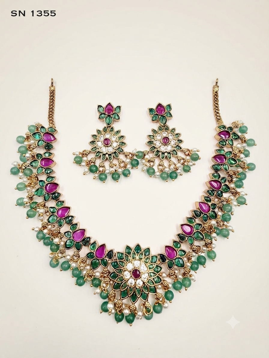 Floral Ruby & Emerald Guttapusalu Necklace Set
