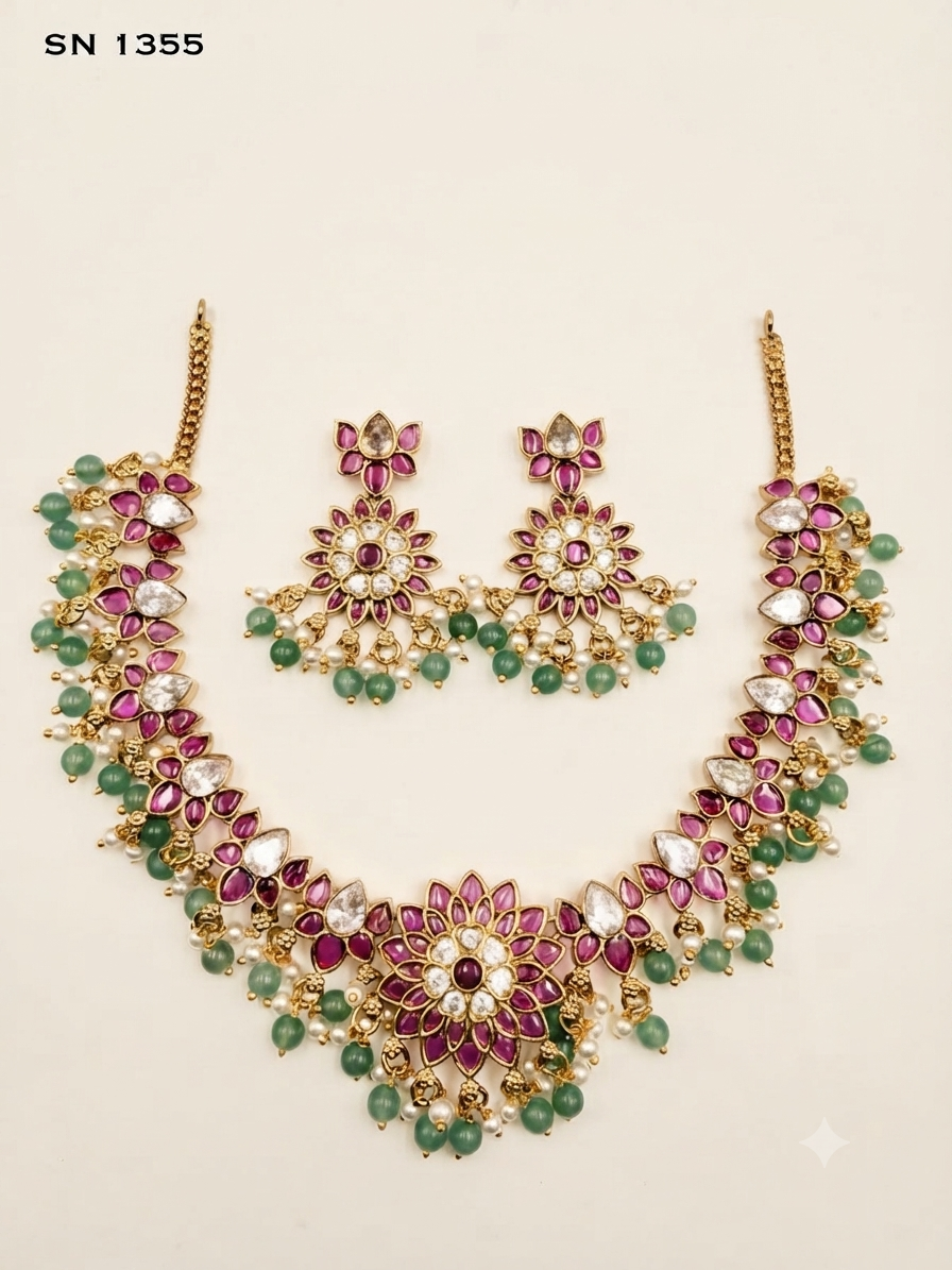 Floral Ruby & Emerald Guttapusalu Necklace Set