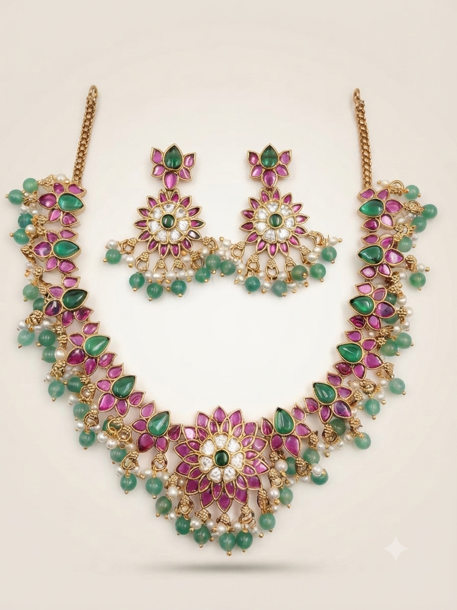 Floral Ruby & Emerald Guttapusalu Necklace Set