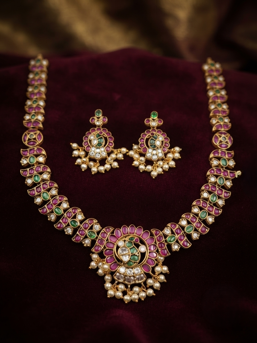 Peacock Motif Kundan Necklace Set