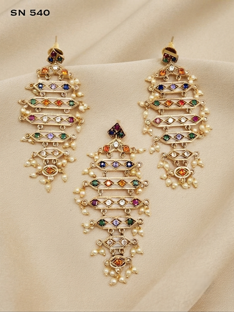 Antique Gold Multicolor Tiered Pendant Set with Pearl Drops
