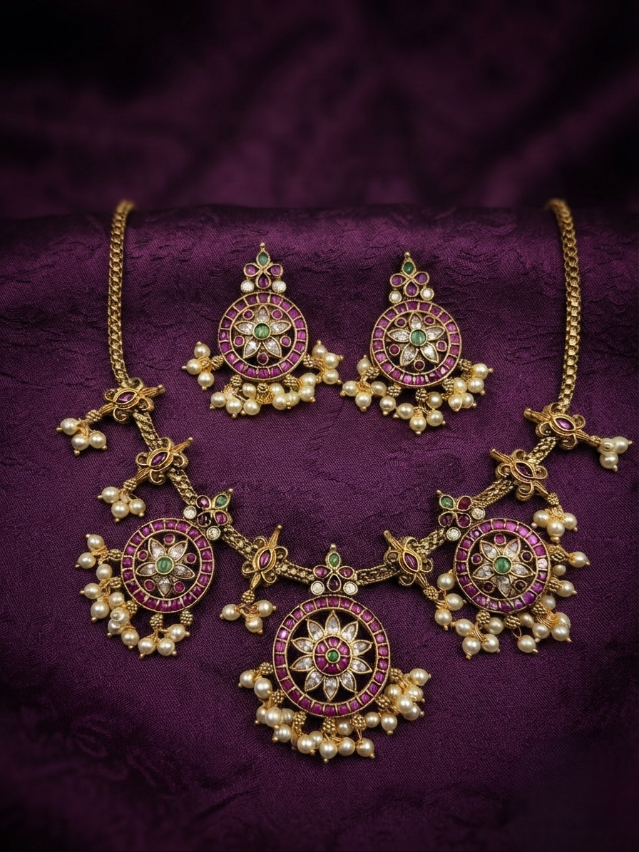 Medallion Necklace Set with Pearl Fringe