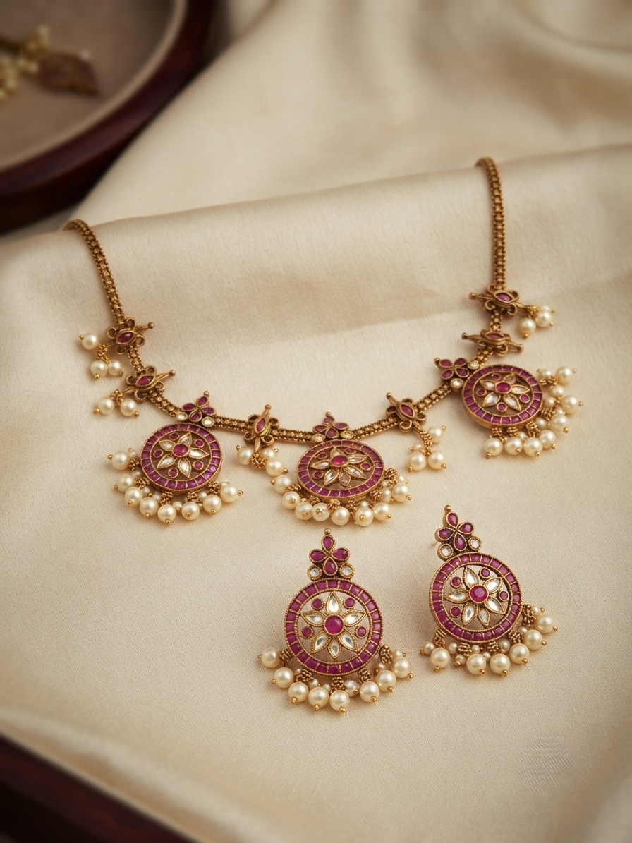 Medallion Necklace Set with Pearl Fringe