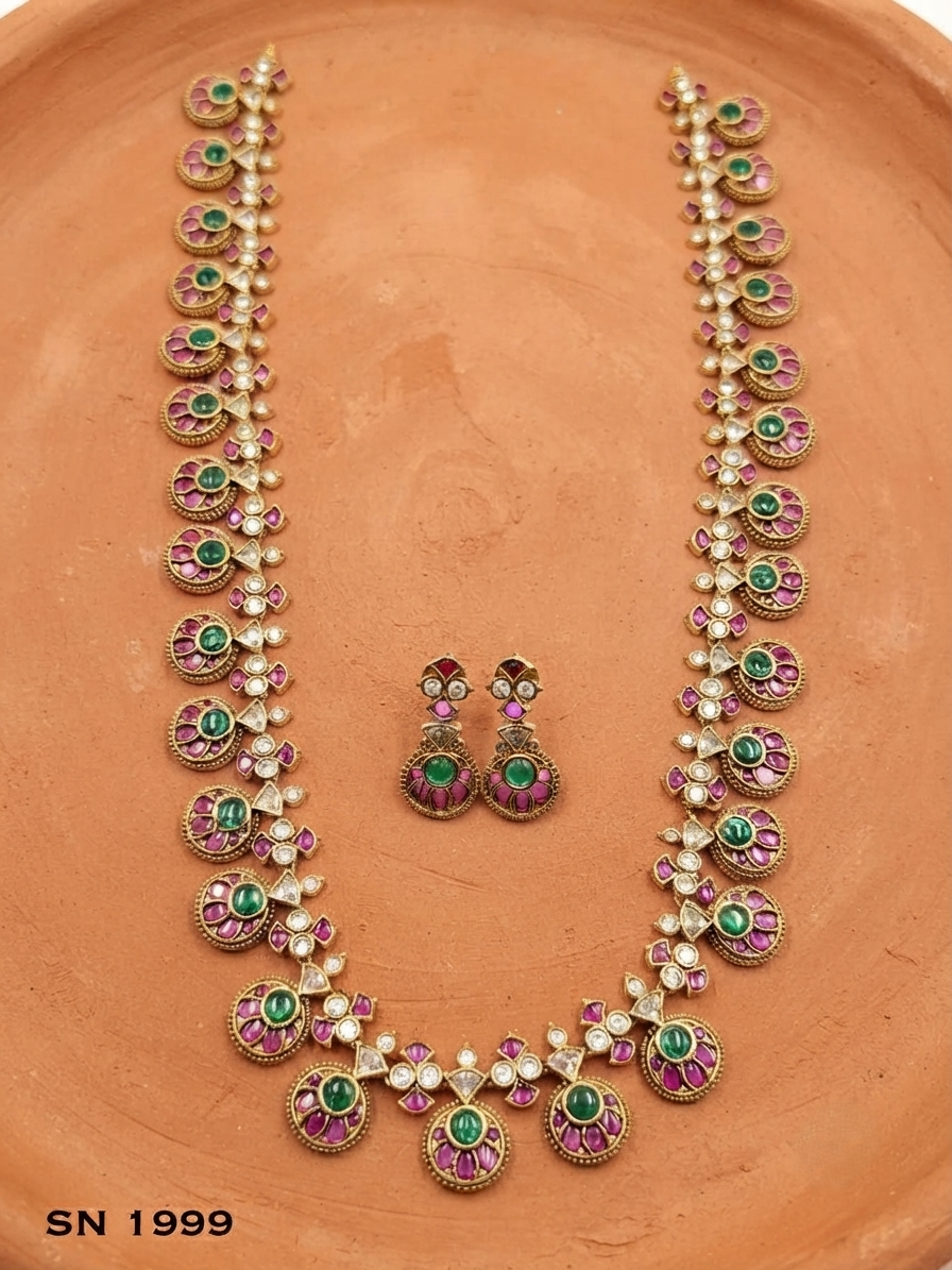 Antique Gold Ruby Emerald Floral Necklace Set