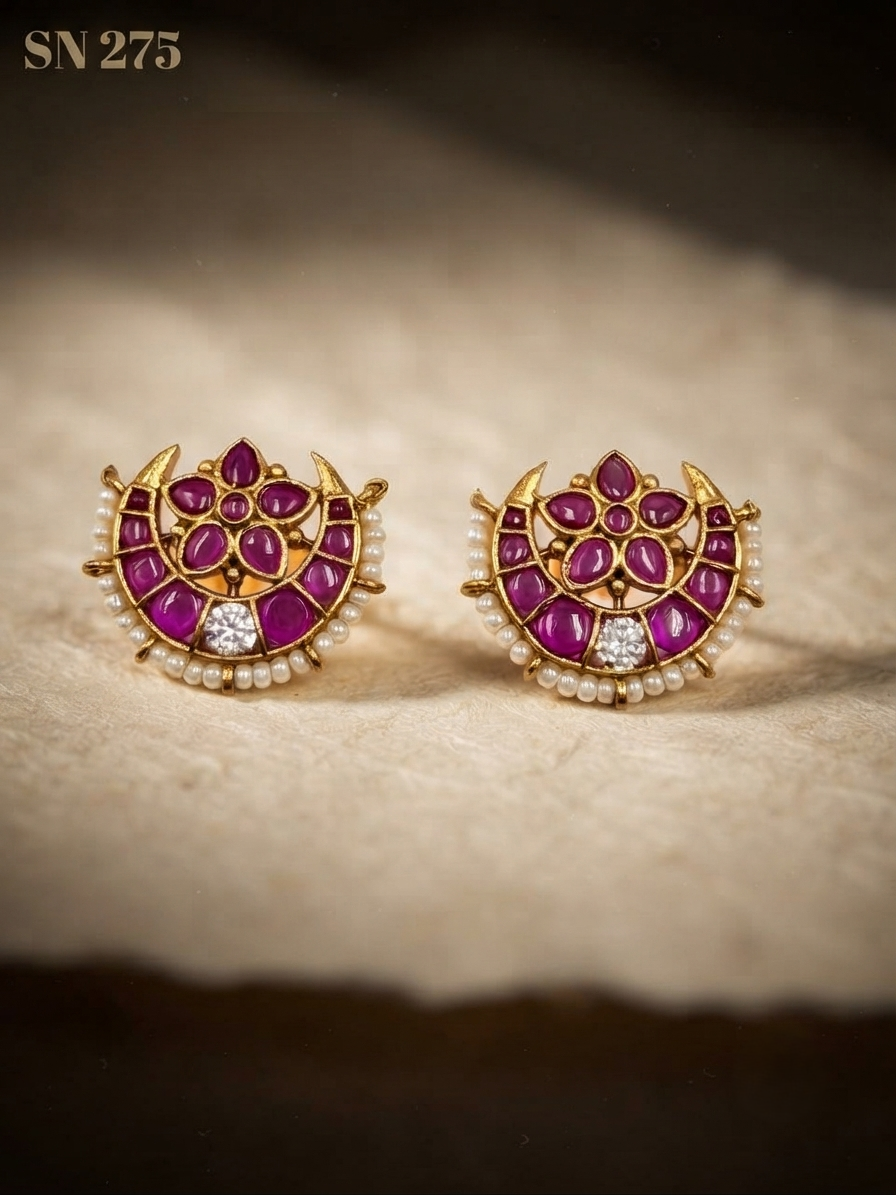 Gold Crescent Floral Stud