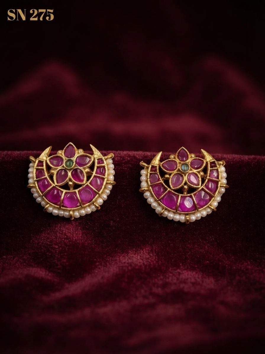 Gold Crescent Floral Stud