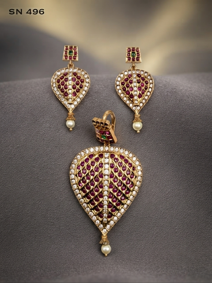 Antique Gold Mango Leaf Ruby Pendant Set with Pearl Drops