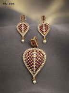 Antique Gold Mango Leaf Ruby Pendant Set with Pearl Drops