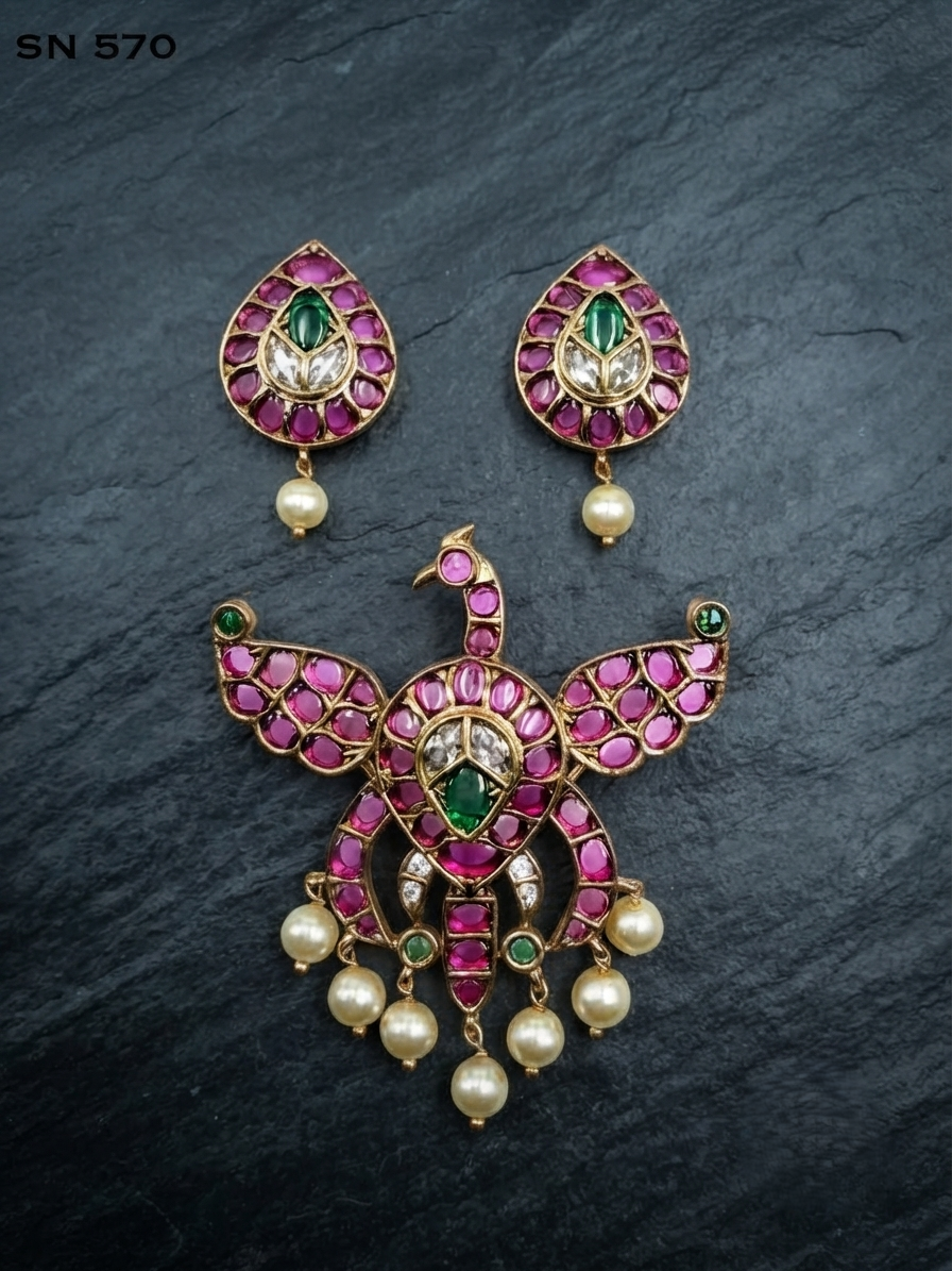 Antique Gold Peacock Pendant Set with Pearl Drops