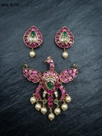 Antique Gold Peacock Pendant Set with Pearl Drops