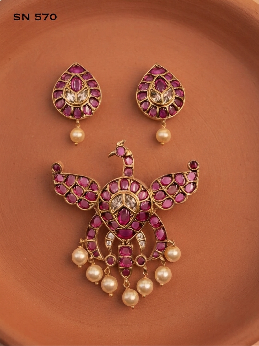 Antique Gold Peacock Pendant Set with Pearl Drops