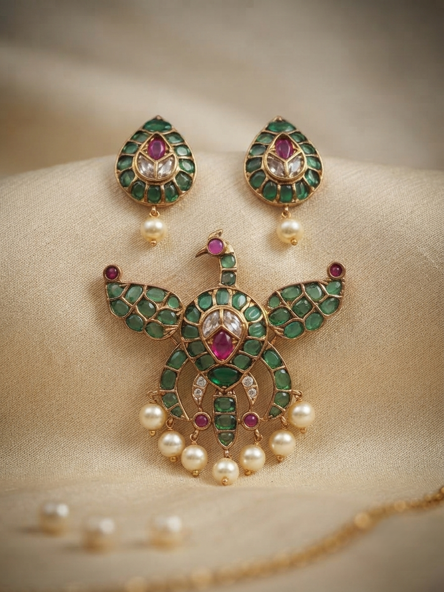 Antique Gold Peacock Pendant Set with Pearl Drops