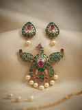 Antique Gold Peacock Pendant Set with Pearl Drops