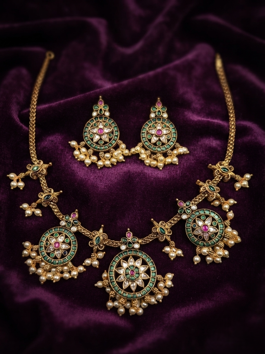 Medallion Necklace Set with Pearl Fringe