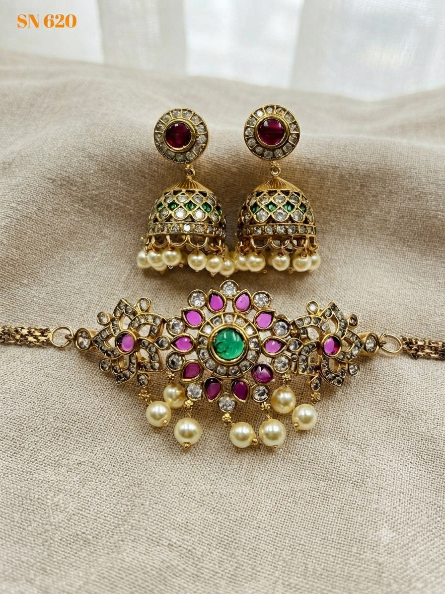 Antique Jhumka & Choker Set with Floral Pendant