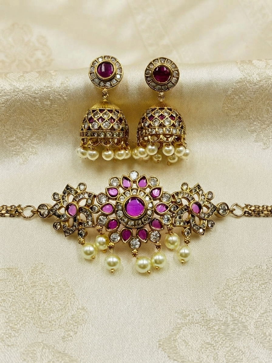 Antique Jhumka & Choker Set with Floral Pendant