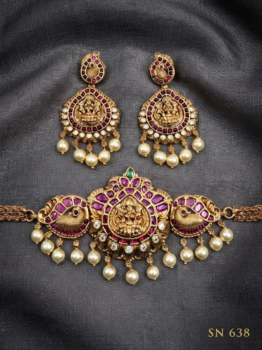 Antique Gold Peacock Choker & Chandbali Earring Set