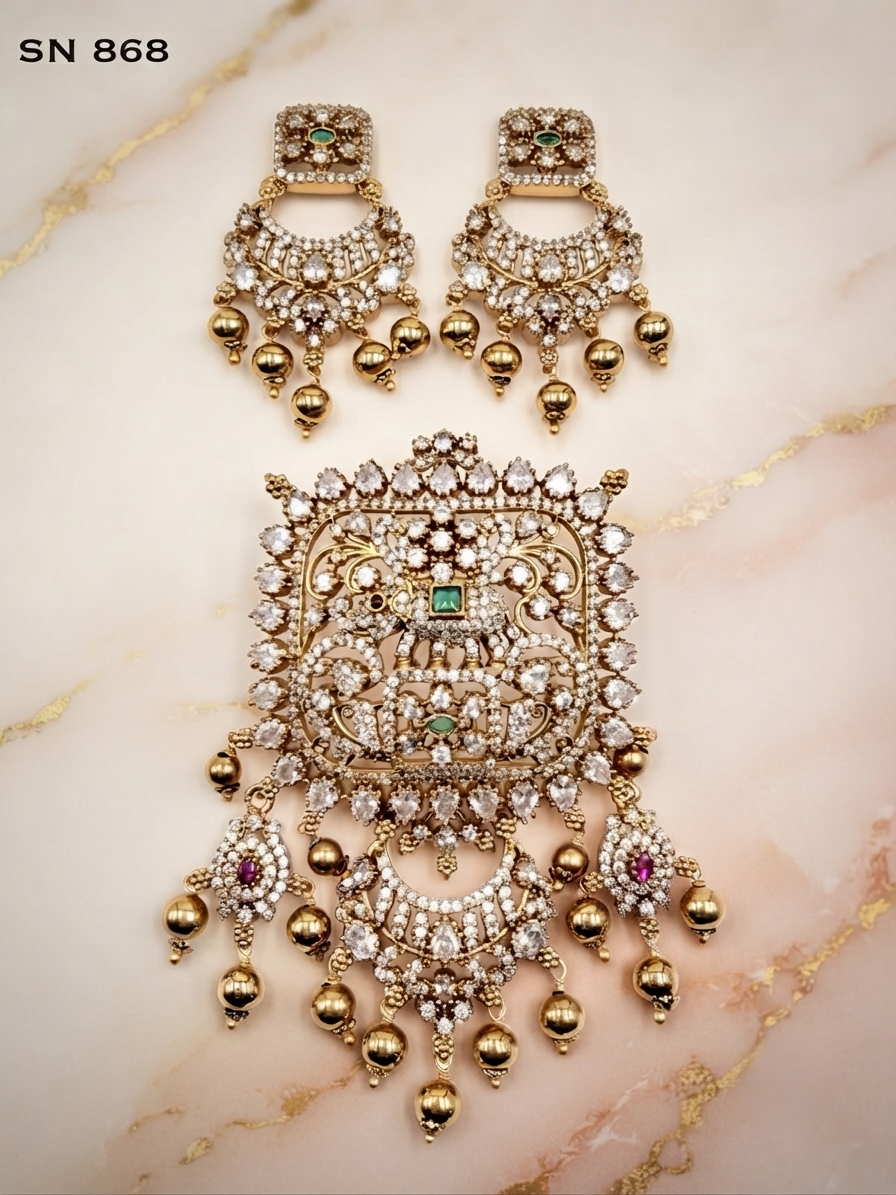 Antique Gold Elephant Motif Pendant Set with Chandbali Earrings