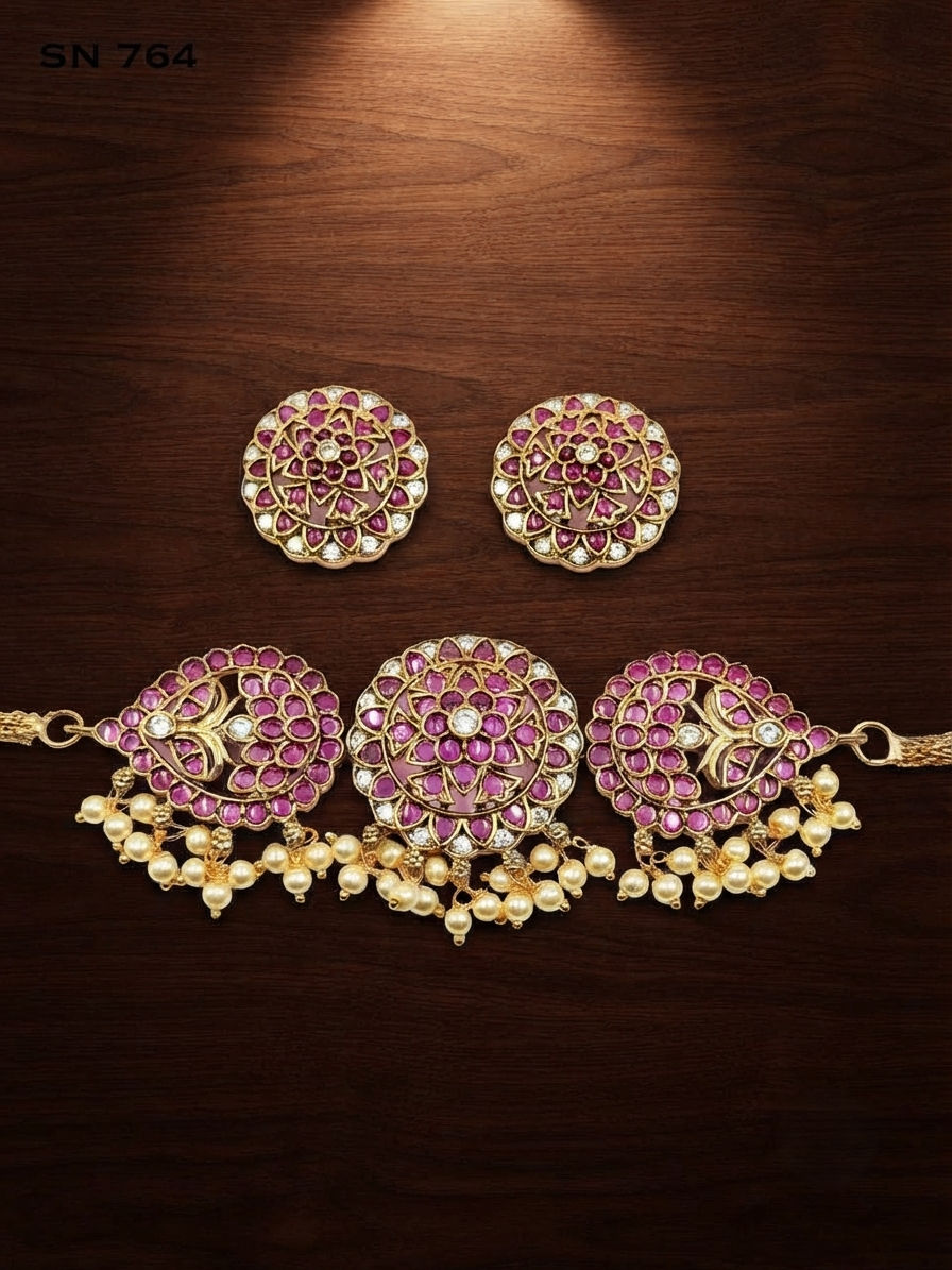 Floral Round Choker with Pearl