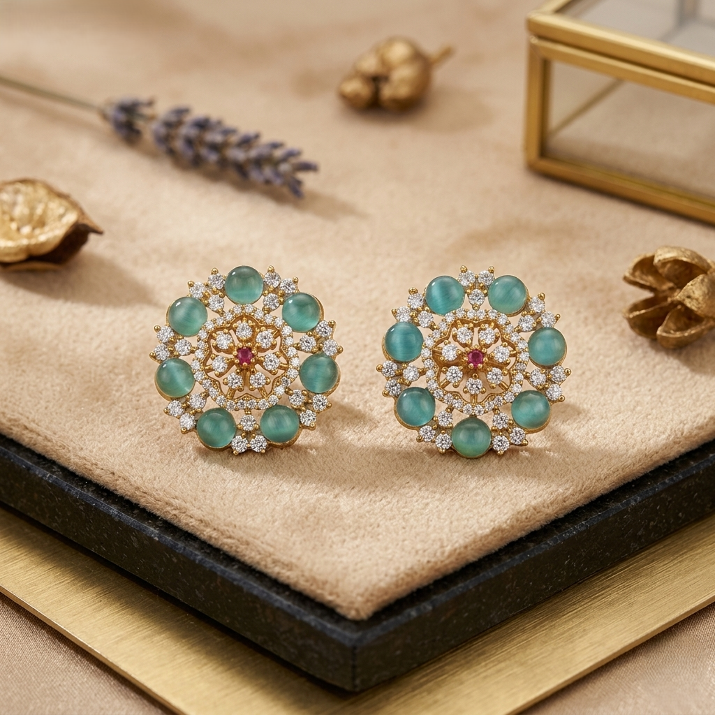 Floral Ruby Cabochon Studs