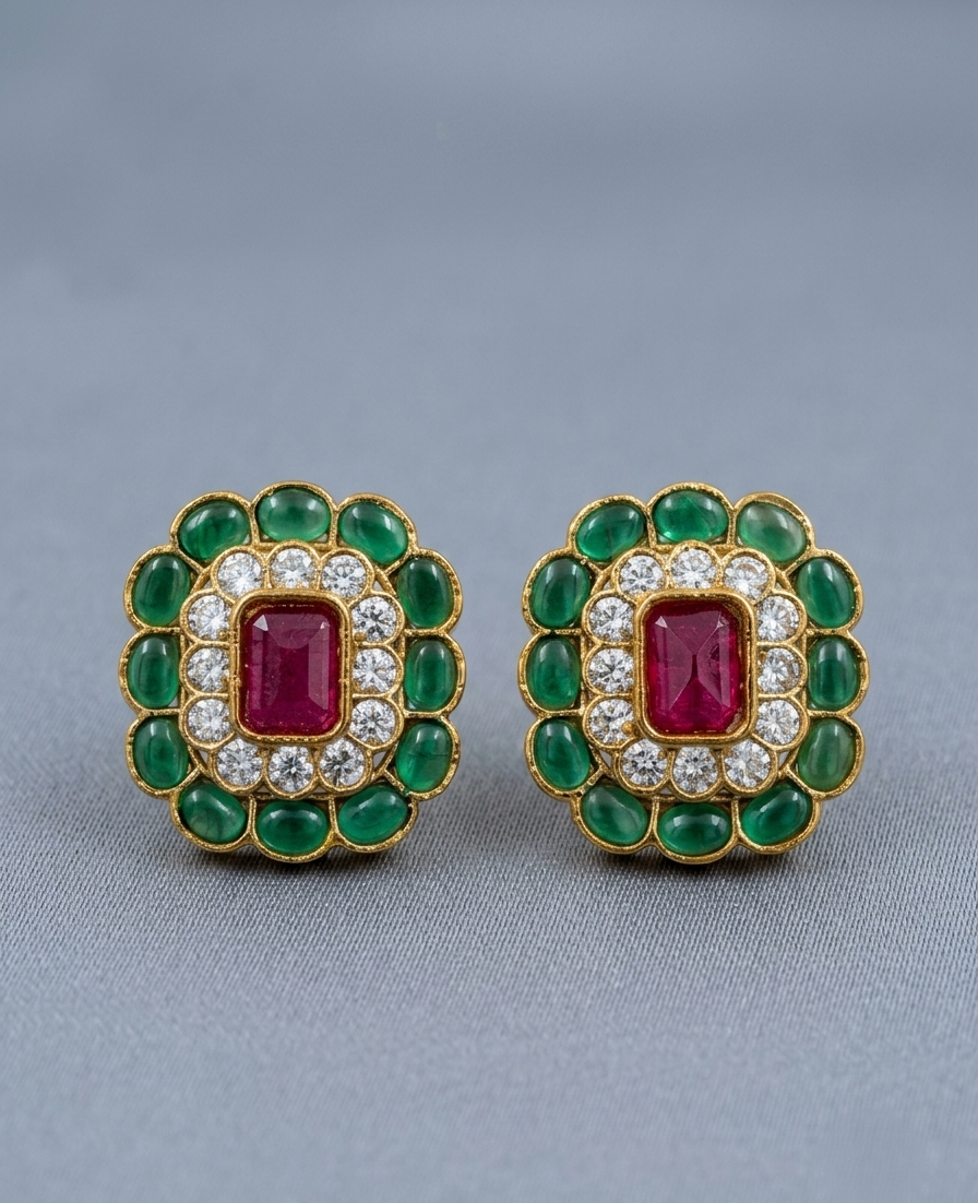 Ruby & Emerald Floral Stud Earrings